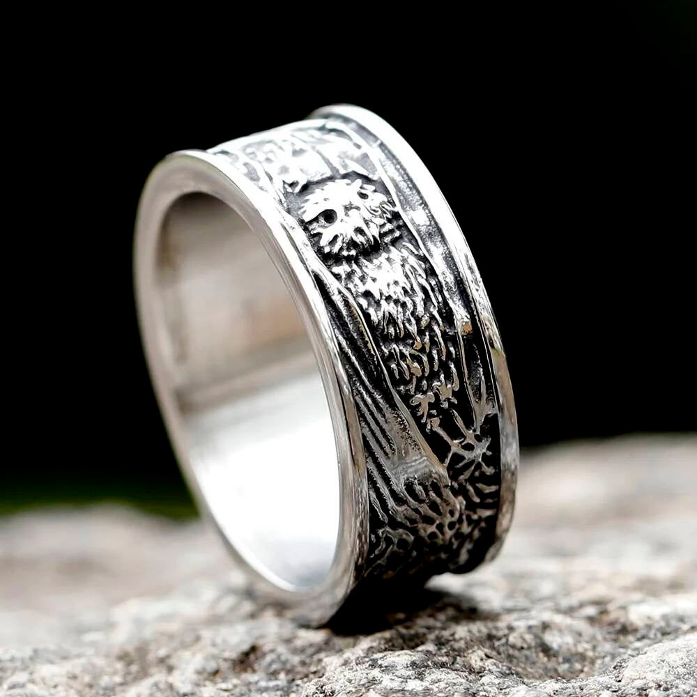 Viking Spindrift Pattern Stainless Steel Round Ring With Owl Design,
