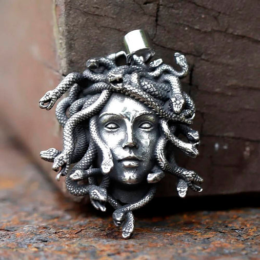 Medusa Pendant Necklace, Gothic Silver Jewelry with Snake Hair Design