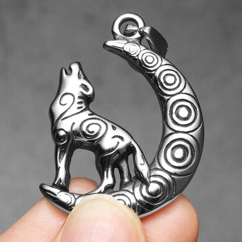 Howling Wolf and Moon Pendant Necklace, Tribal-Inspired Silver Jewelry with Spiraled Design