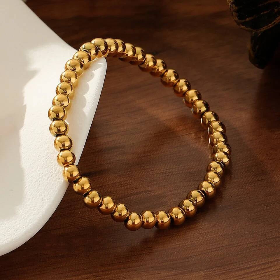 Gold Bead Bracelet – 316L Stainless Steel Polished Ball Beads Elastic Wristband, Minimalist Unisex Jewelry