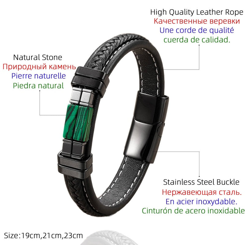 Vintage Woven Leather Rope For Men Personality Stone Bangles Bracelets Punk Stainless Steel Wristband Jewelry Gifts