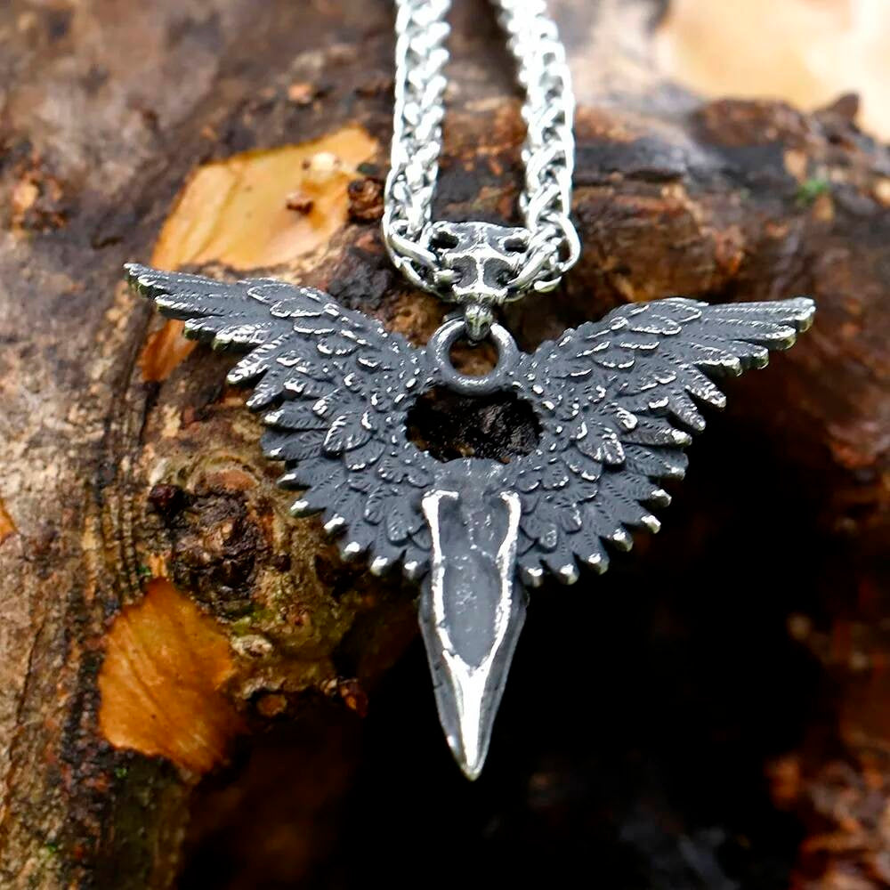 Bird Skull with Wings Pendant Necklace, Silver Gothic Jewelry with Intricate Design