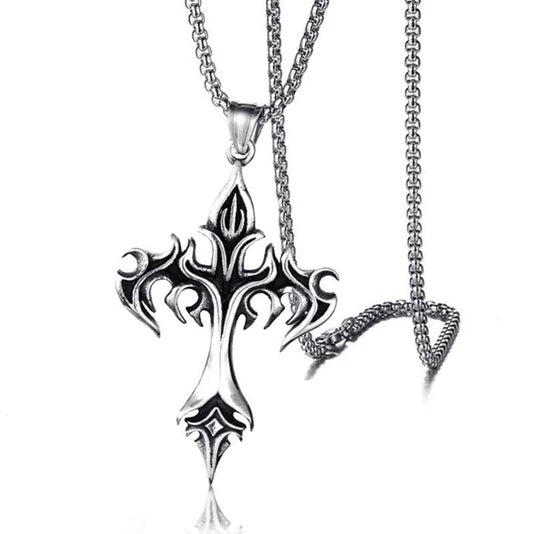 Vintage Flame Cross Pendant 60Cm Length Chain Necklace For Men Women Goth Jewelry Accessories