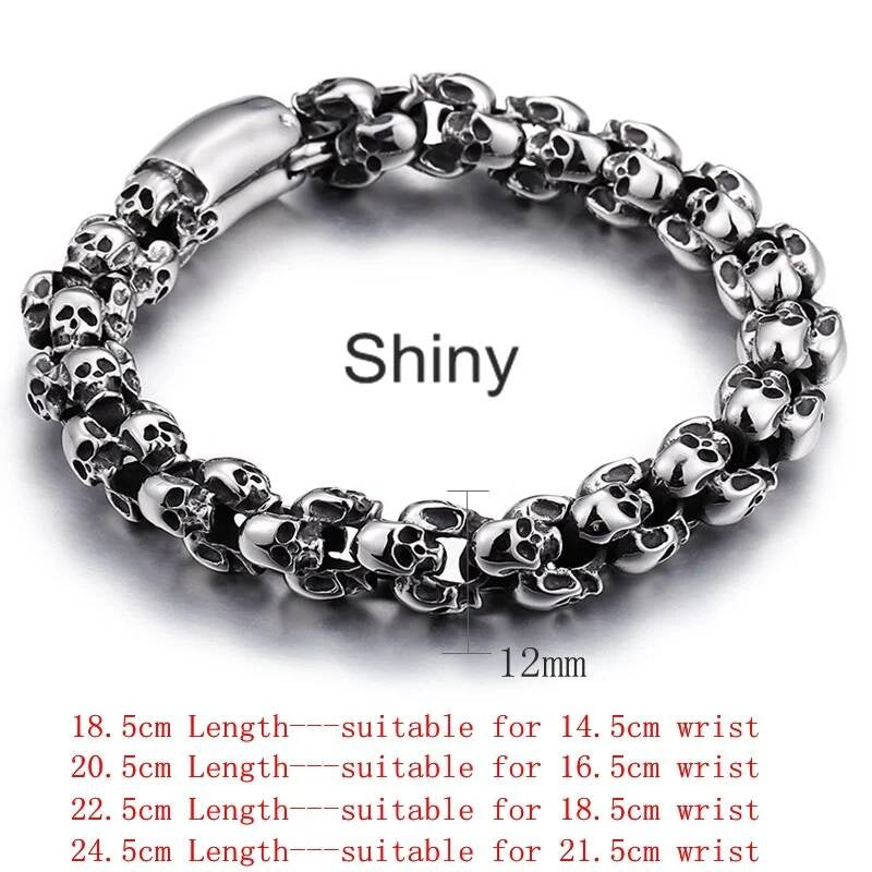 12/15mm Evil Ghost Head Skull Chain Bracelet Men 316L Stainless Steel Punk Shiny Matte Biker Rock Demon Jewelry 12mm Width Shiny