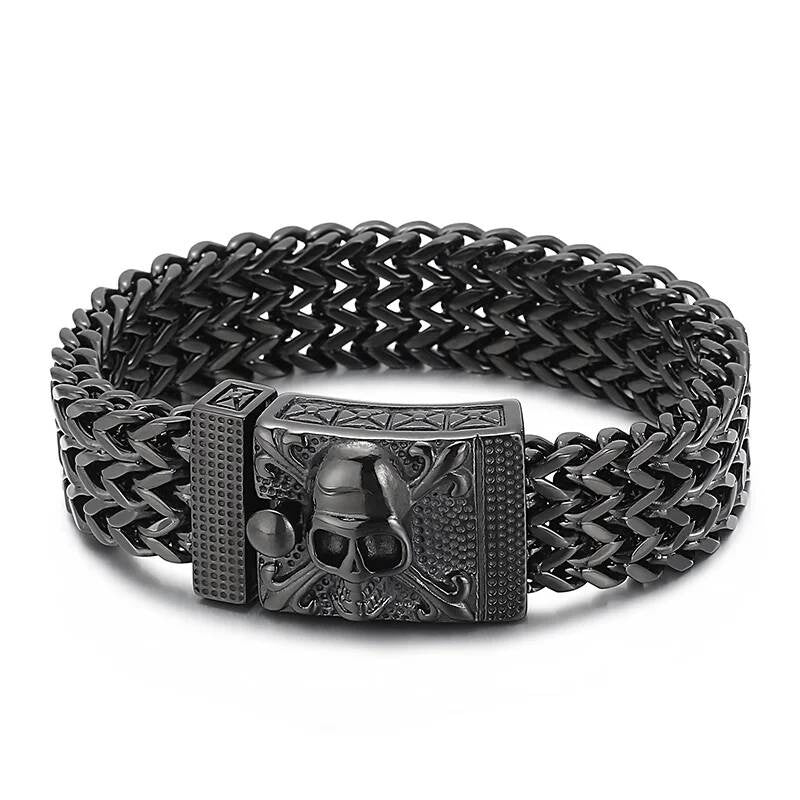 17mm Heavy Mesh Chain Bracelet Men With Devil Ghost Skull Charm Vintage Jewelry Surprise Gift For Husband Black Color 21cm