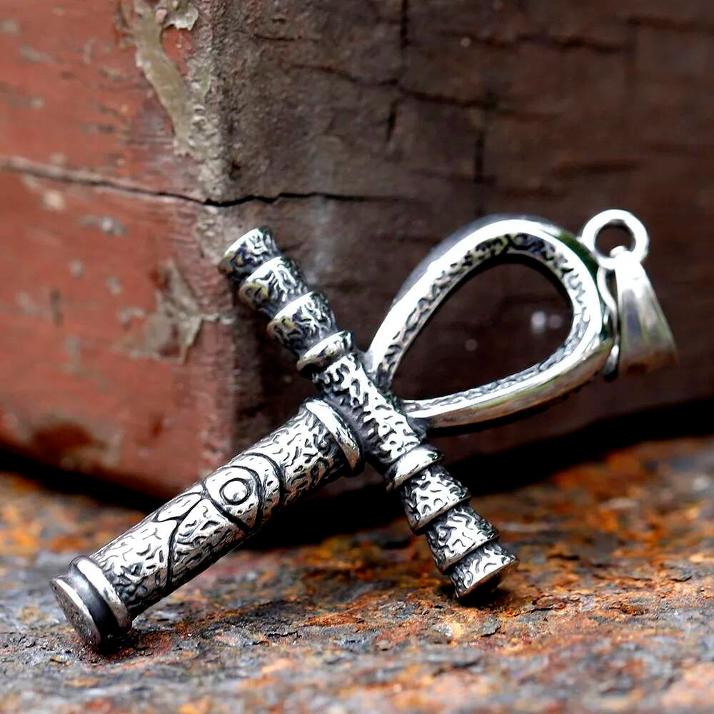 Egyptian Ankh Pendant Necklace - Stainless Steel Ankh Cross with Eye of Horus Symbol