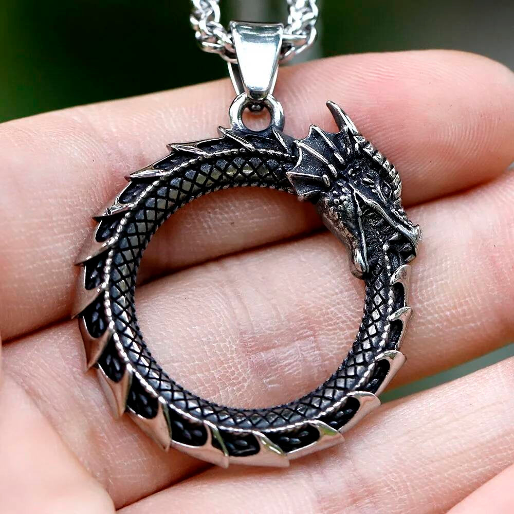 Ouroboros Dragon Pendant Necklace – Silver Dragon Ring Amulet