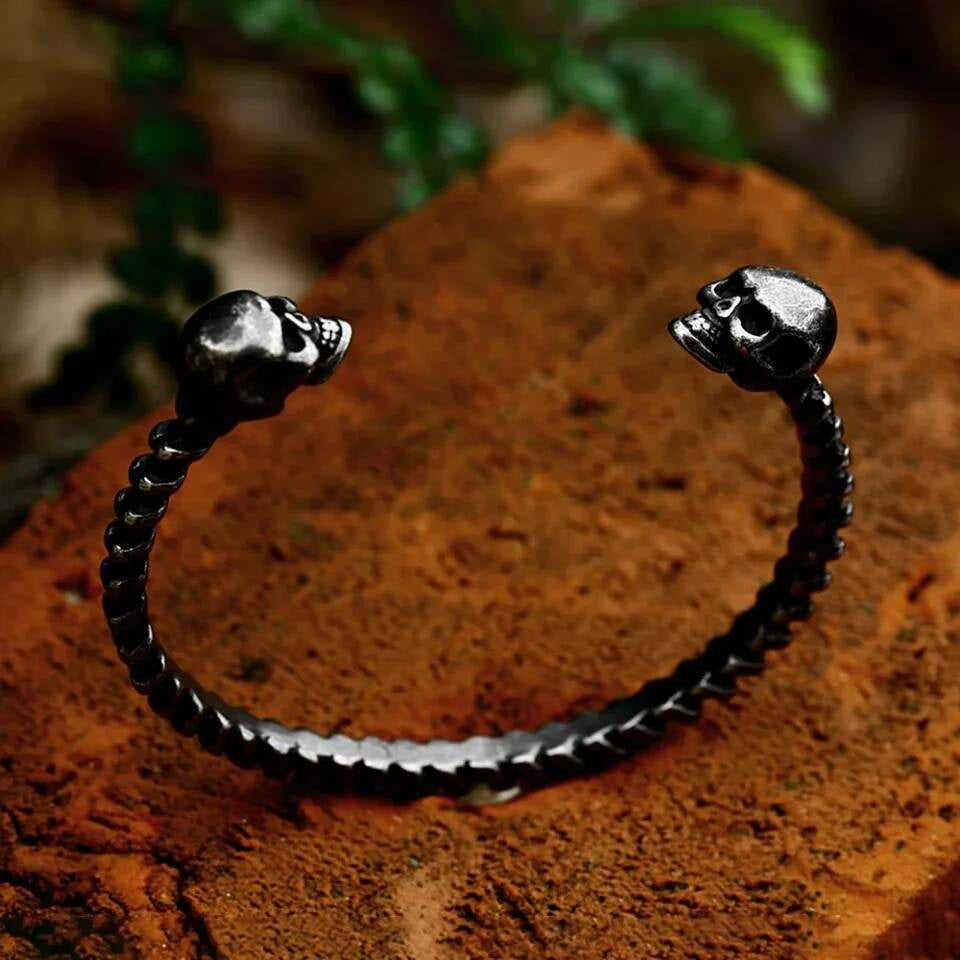 Double Skull Open Cuff Bracelet for Men Gothic Punk Rock Biker Jewelry 316L Stainless Steel Spine Design