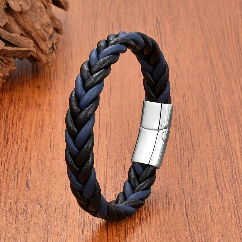 Retro Punk Style Men Gift Jewelry Braided Leather Rope Bracelets Stainless Steel Magnetic Buckle Personalized Bracelet Style E-White