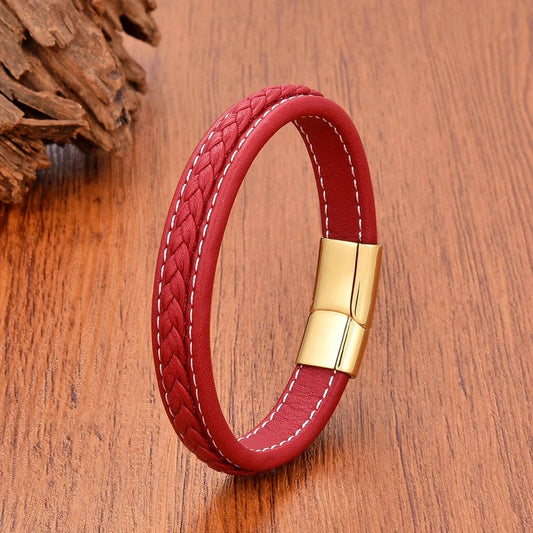 Vintage Men Europe and America Stainless Steel Magnet Open Bangle Multi-Size Woven Leather Hand Rope Classic Party Gift Present Style C-Gold