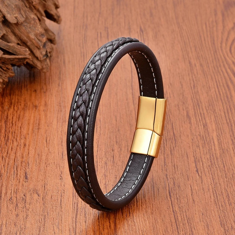 Vintage Men Europe and America Stainless Steel Magnet Open Bangle Multi-Size Woven Leather Hand Rope Classic Party Gift Present Style G-Gold