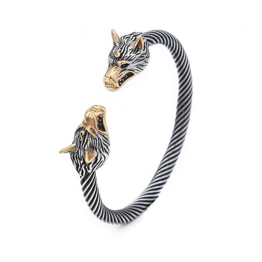 Viking Wolf Head Cuff Bracelet – Twisted Steel Norse Armring Style B