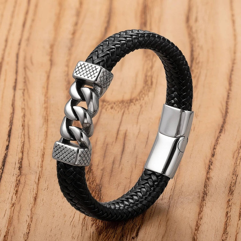 Tide Men Popular Pattern Stainless Steel Anchor Bangles Braided Leather Rope Bracelets Accessories Gift Style-B