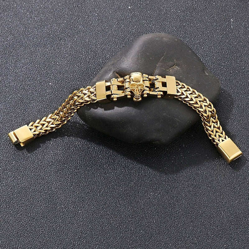 12mm Mens Biker Skull Bracelet With Mesh Chain Stainless Steel Trendy Punk Jewelry
