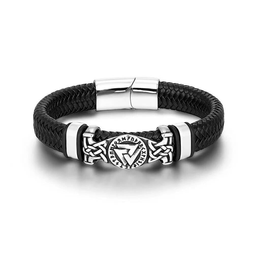 Viking Rune Leather Bracelet – Norse Symbol Stainless Steel & Braided Leather Wristband Style A