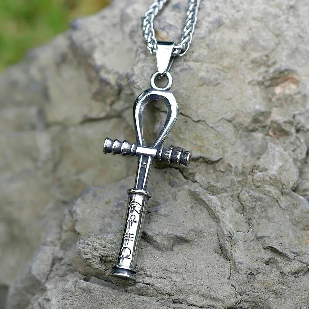 Ankh Cross Pendant Necklace, Silver Egyptian Jewelry with Hieroglyphic Detail