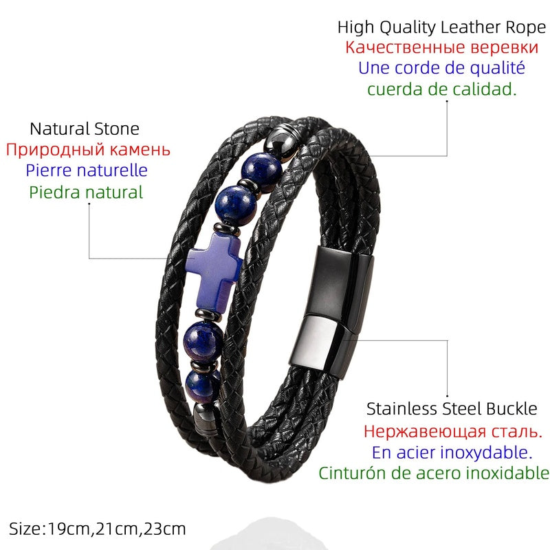 Black Braided Leather Bracelet with Green Jade Beads - Stylish Multi-Layer Magnetic Clasp Jewelry for Casual Wear and Gifts