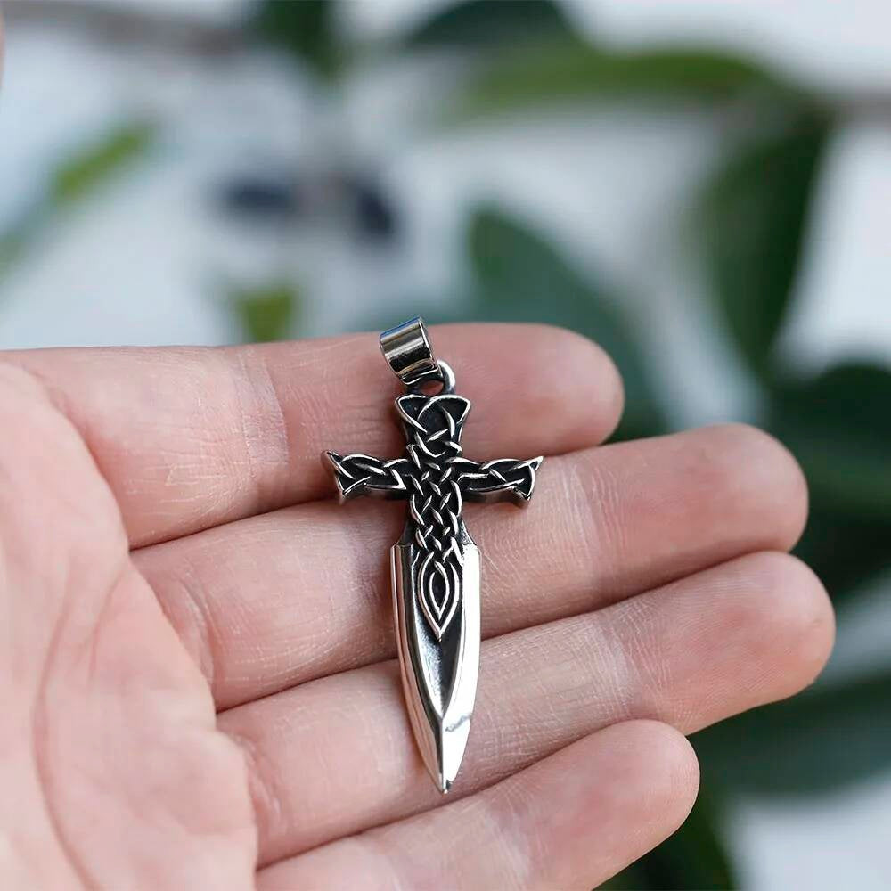 Celtic Sword Cross Pendant Necklace, Silver Viking Jewelry with Intricate Knot Design