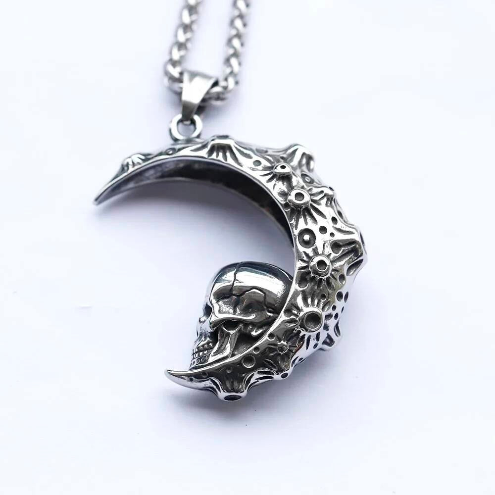 Skull Moon Pendant Necklace – Gothic Stainless Steel Crescent Moon with Skull