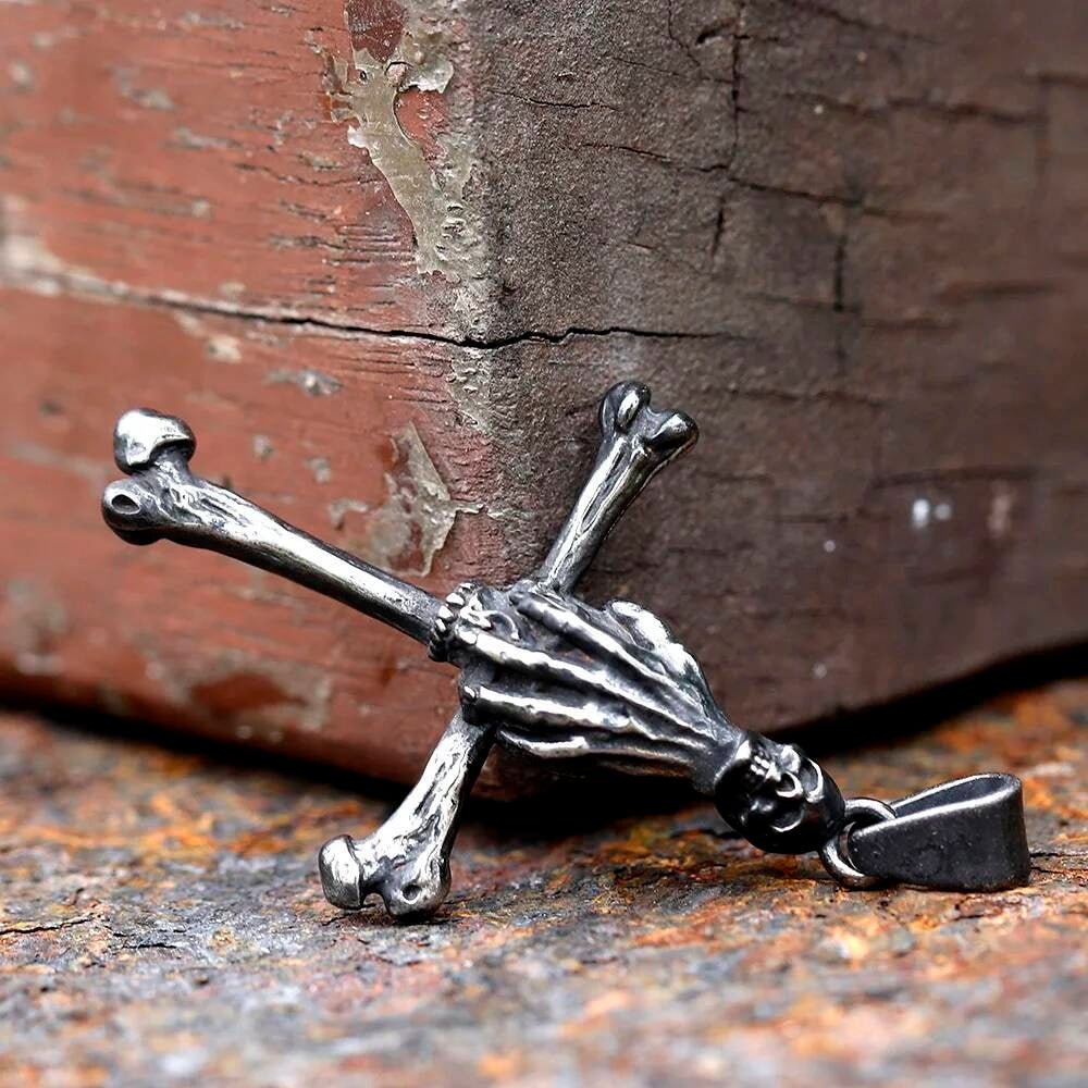 316L Stainless Steel Gothic Skull Hand Cross Pendant Necklace Punk Jewelry