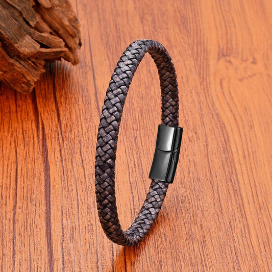 Black Braided Leather Bracelet with Green Jade Beads - Stylish Multi-Layer Magnetic Clasp Jewelry for Casual Wear and Gifts Style A-Black