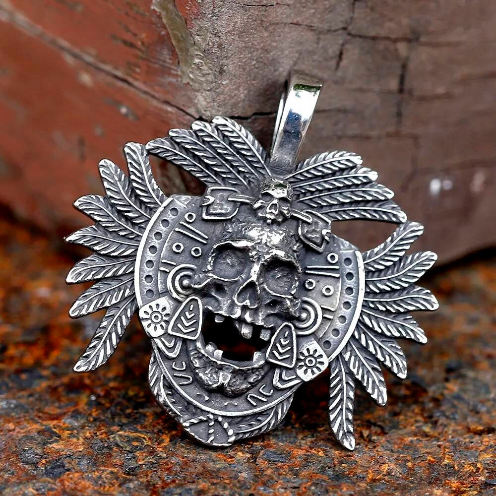 Skull with Feathered Headdress Pendant Necklace, Silver Gothic Jewelry with Tribal Design