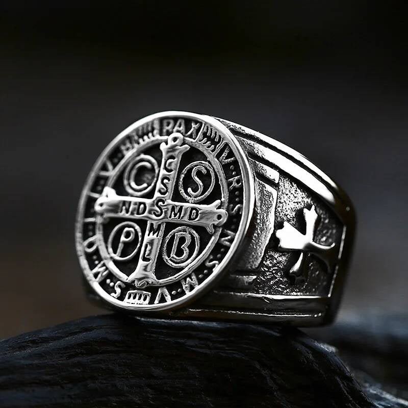 316L Stainless Steel St. Benedict Cross Ring Vintage Religious Band