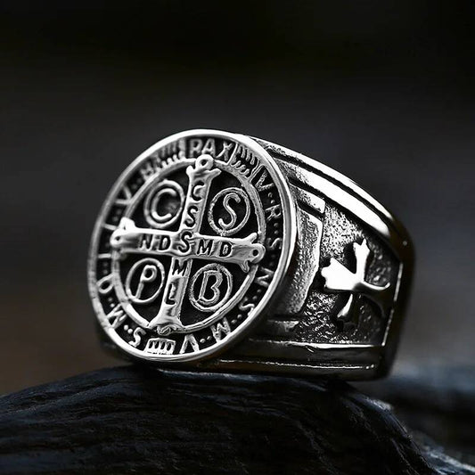 316L Stainless Steel St. Benedict Cross Ring Vintage Religious Band