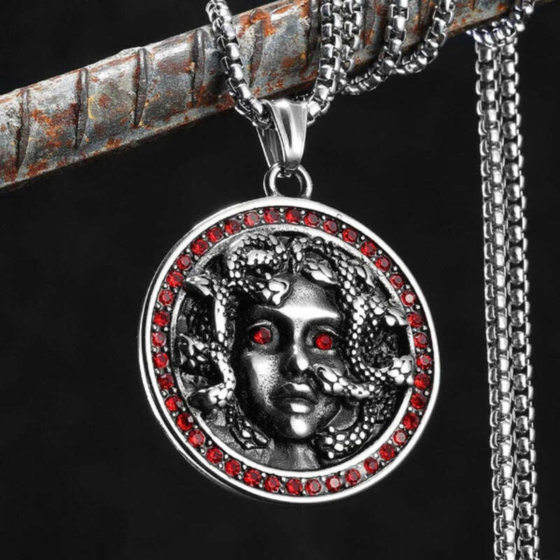 316L Stainless Steel Medusa Pendant Necklace with Red Gemstone Eyes – Greek Mythology Jewelry