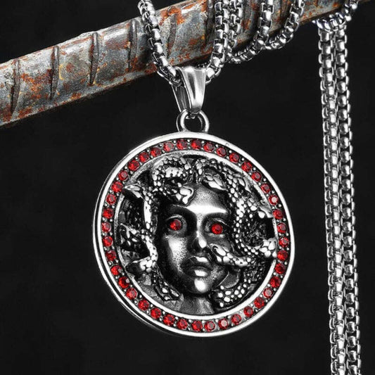 316L Stainless Steel Medusa Pendant Necklace with Red Gemstone Eyes – Greek Mythology Jewelry