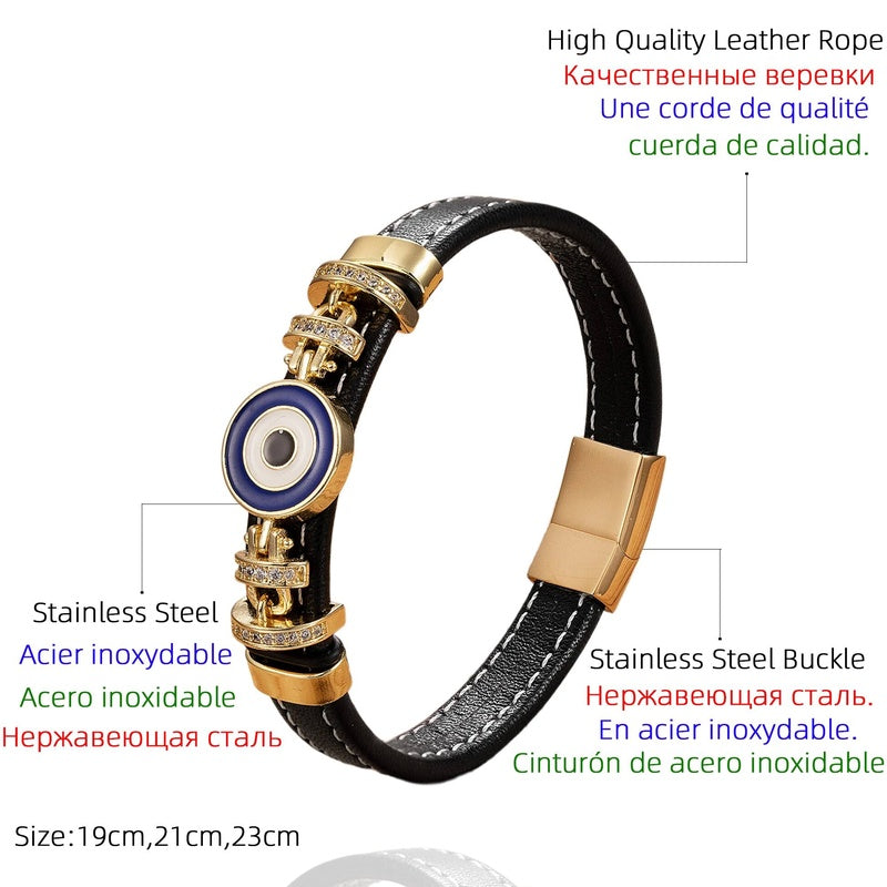 Woven Leather Turkish Blue Evil Eye Zircon Bracelet Punk Stainless Steel Jewelry Fashion Charm Valentines Day Gift