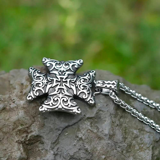 Maltese Cross Pendant – Ornate Stainless Steel Necklace of Strength and Courage