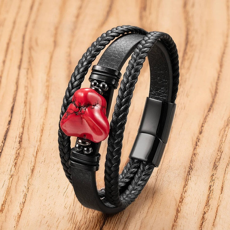 Black Braided Leather Bracelet with Green Jade Beads - Stylish Multi-Layer Magnetic Clasp Jewelry for Casual Wear and Gifts Style-C
