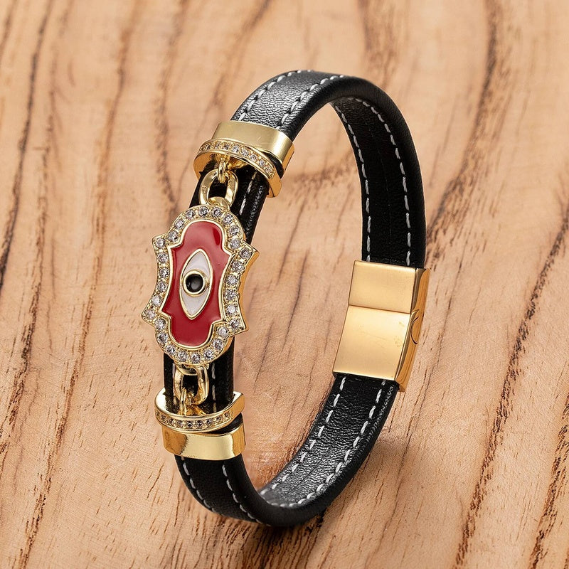 Woven Leather Turkish Blue Evil Eye Zircon Bracelet Punk Stainless Steel Jewelry Fashion Charm Valentines Day Gift Gold-D