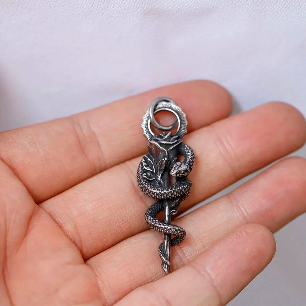 Snake and Rose Pendant Necklace – Gothic Key Jewelry with Snake and Rose Detail