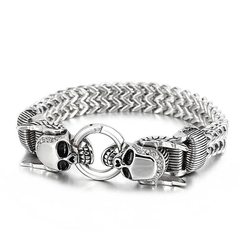 Stainless Steel 316L Hiphop Rock Cubic Zirconia Demon Skull Bracelet Men Mesh Chain Jewelry Accessories Steel Color