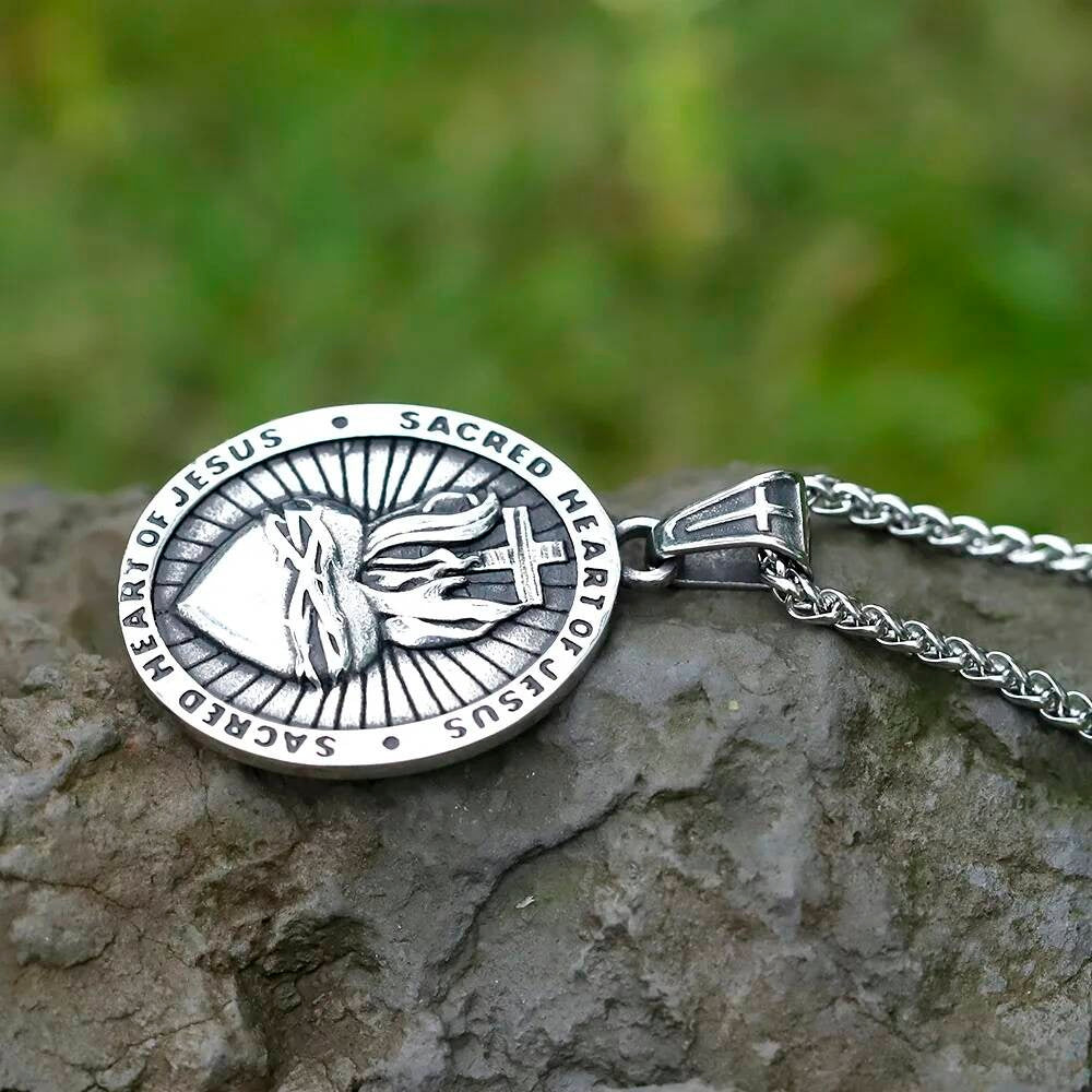 Sacred Heart of Jesus Pendant Necklace - Stainless Steel Christian Jewelry