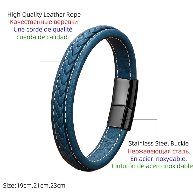 Vintage Men Europe and America Stainless Steel Magnet Open Bangle Multi-Size Woven Leather Hand Rope Classic Party Gift Present