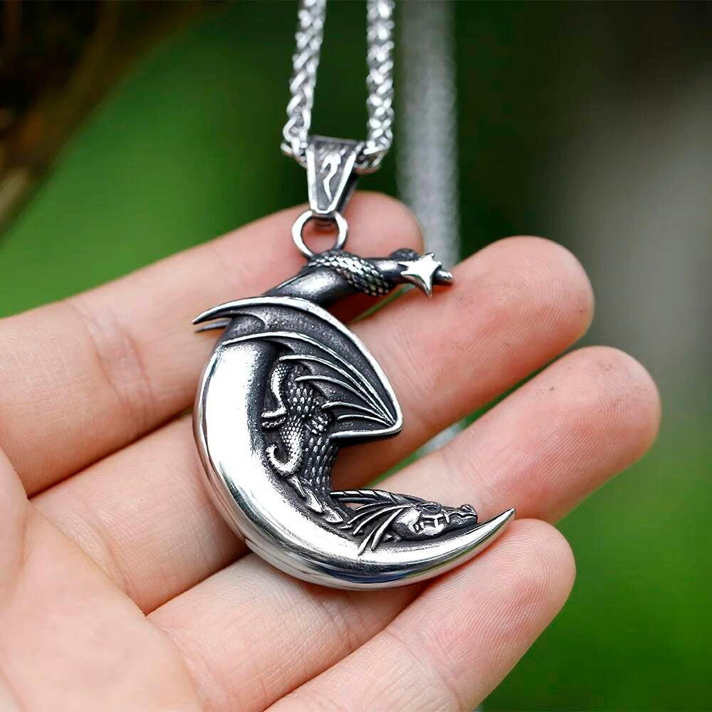 Dragon Moon Pendant Necklace – Stainless Steel Fantasy Jewelry