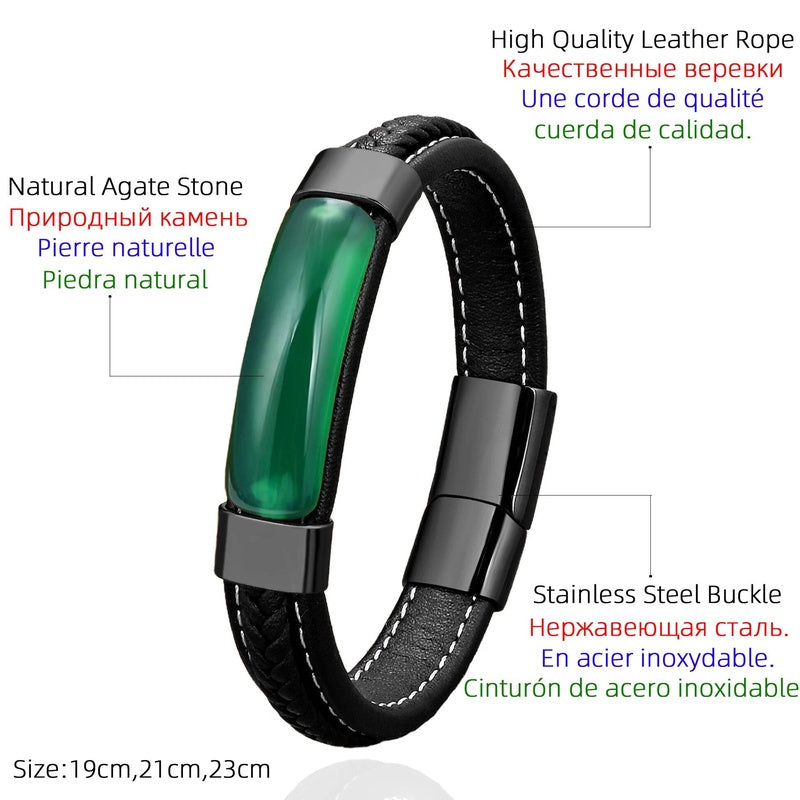 Black Braided Leather Bracelet with Green Jade Beads - Stylish Multi-Layer Magnetic Clasp Jewelry for Casual Wear and Gifts