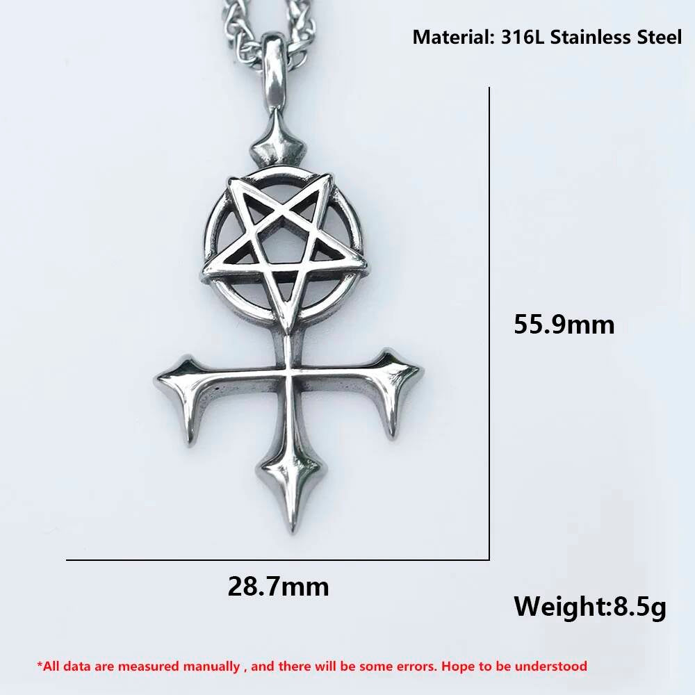 Pentagram Cross Pendant Necklace, Silver Gothic Jewelry with Occult Symbol
