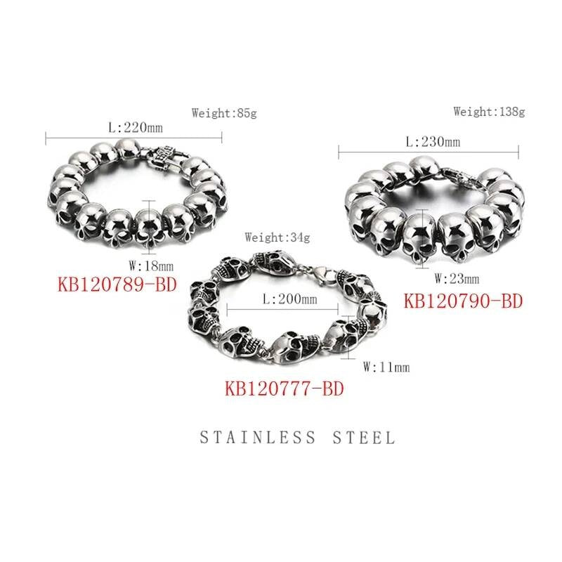 3 Styles Punk Metal Heavy Skull Charm Bracelet Men Stainless Steel Christmas Gift