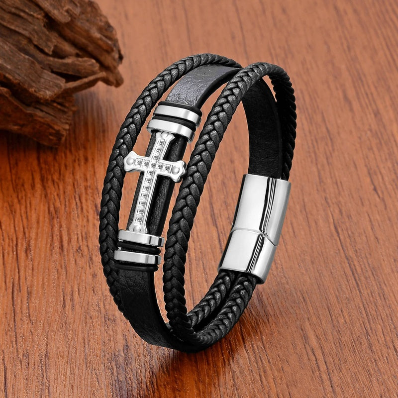 Black Braided Leather Bracelet with Green Jade Beads - Stylish Multi-Layer Magnetic Clasp Jewelry for Casual Wear and Gifts Steel Color