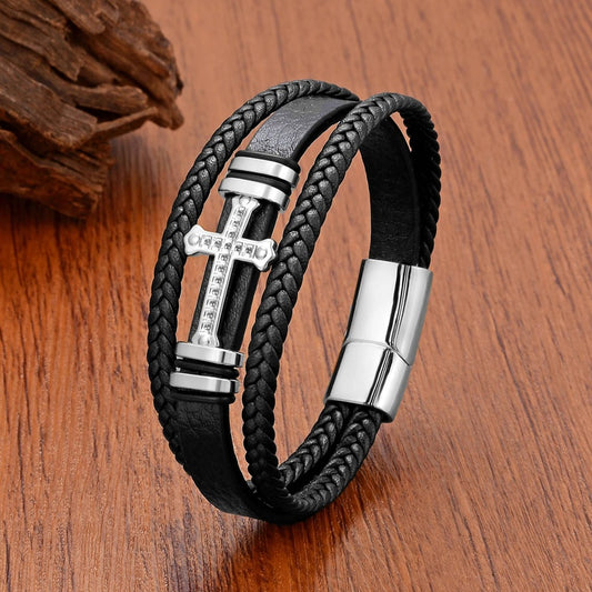 Black Braided Leather Bracelet with Green Jade Beads - Stylish Multi-Layer Magnetic Clasp Jewelry for Casual Wear and Gifts Steel Color