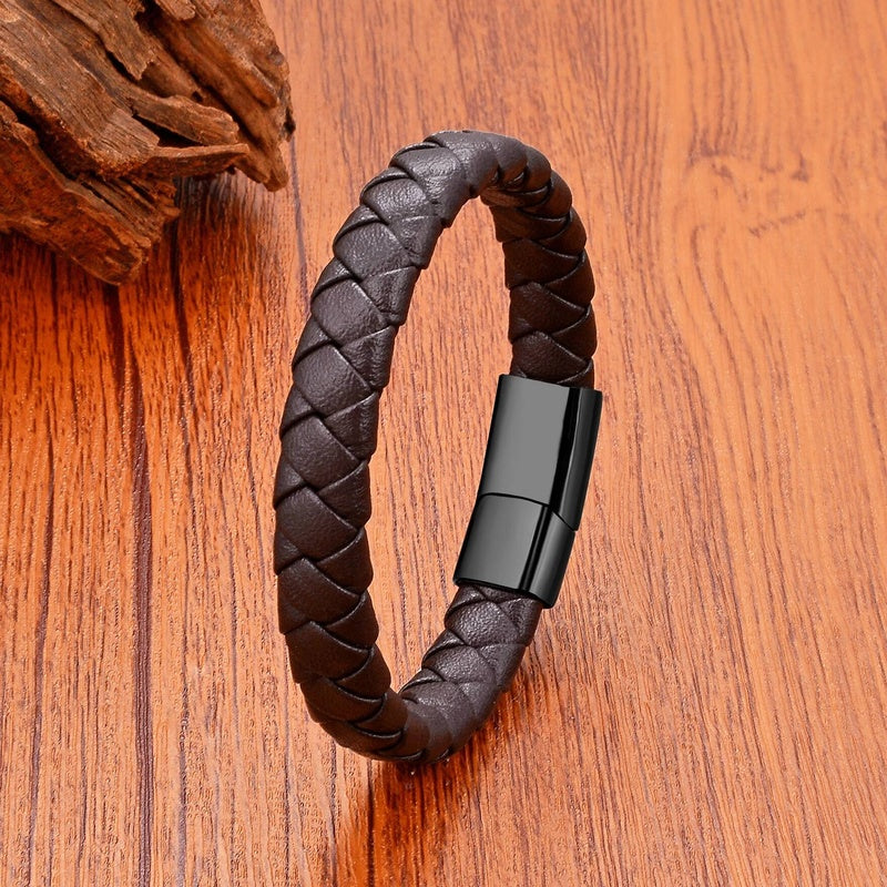 Men's Brown Leather Bracelet for Classic Gifts Black Buckle-B