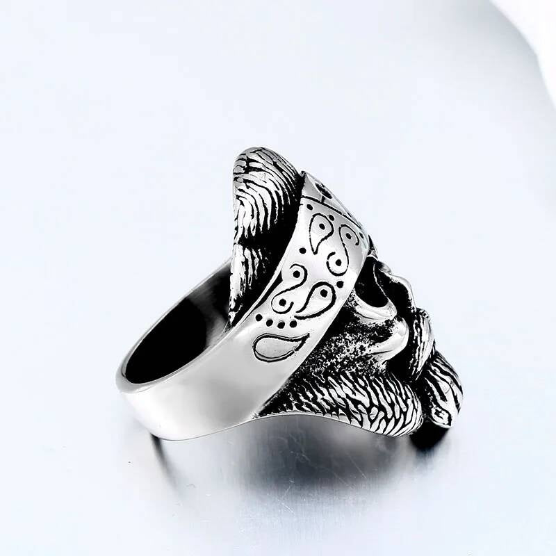 Viking Skull Ring with Beard Stainless Steel Biker Jewelry