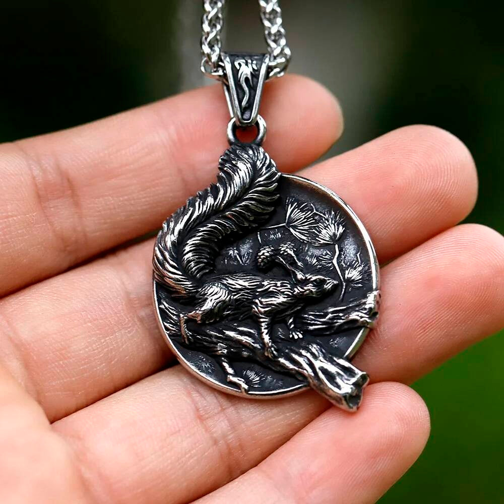 316L Stainless Steel Squirrel Tree Round Pendant Necklace Men Women