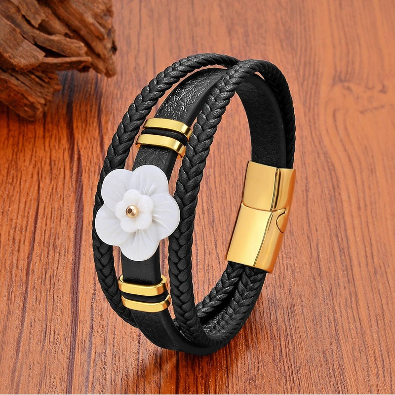 Black Braided Leather Bracelet with Green Jade Beads - Stylish Multi-Layer Magnetic Clasp Jewelry for Casual Wear and Gifts Style-5
