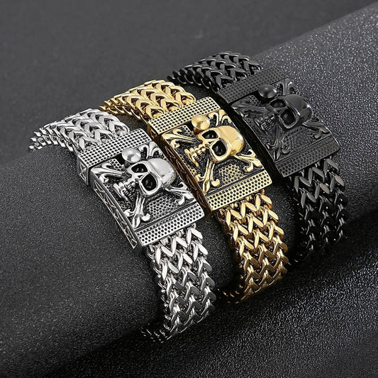 17mm Heavy Mesh Chain Bracelet Men With Devil Ghost Skull Charm Vintage Jewelry Surprise Gift For Husband