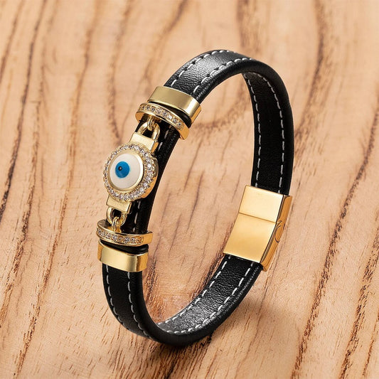 Woven Leather Turkish Blue Evil Eye Zircon Bracelet Punk Stainless Steel Jewelry Fashion Charm Valentines Day Gift Gold-A